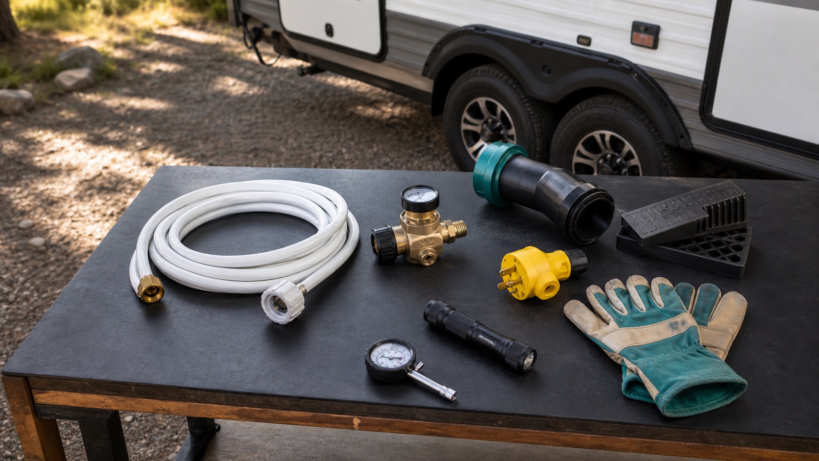 Generic RV hookup essentials arranged beside a travel trailer